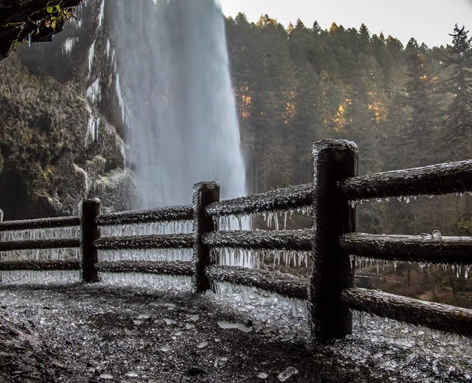 Ice on guard rails along the trail at Silver Falls State Park.