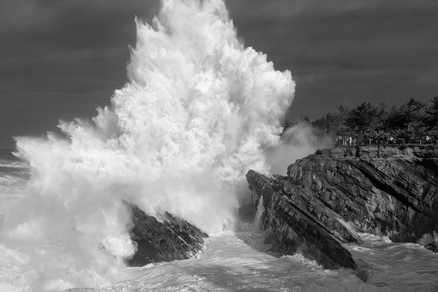 A massive King Tide wave exploding against the Oregon Coast