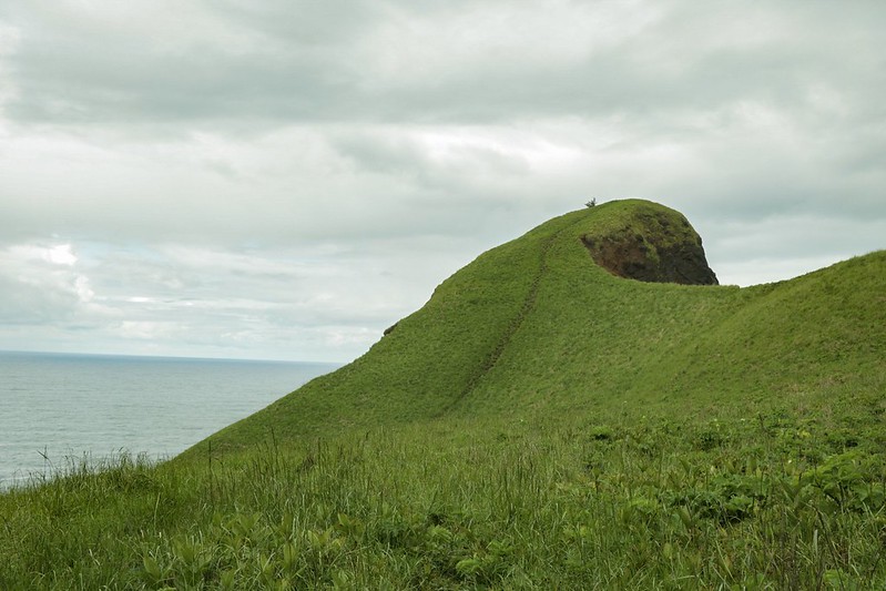 The grassy knoll known as God's Thumb high above the ocean. There's a well worn path through the grass to the top.