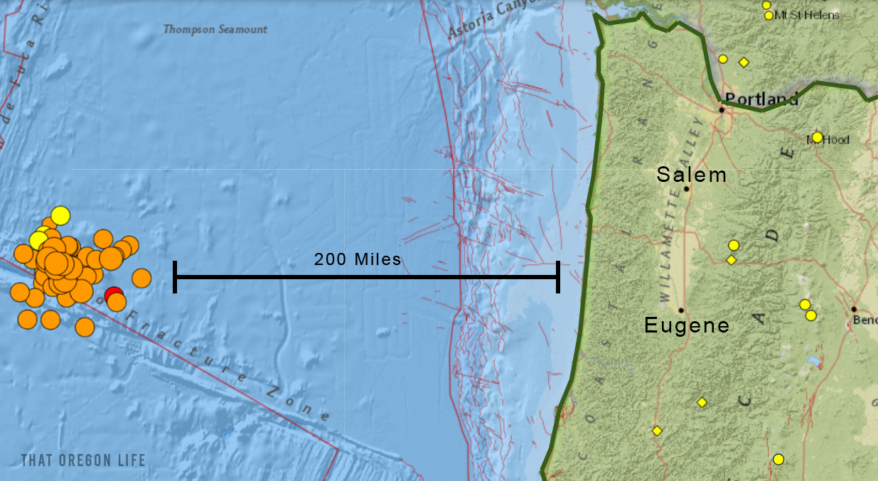 Recent earthquakes off the coast of Oregon. Photo via the USGS website. Earthquakes map in Pacific Ocean Oregon Coast December 2021