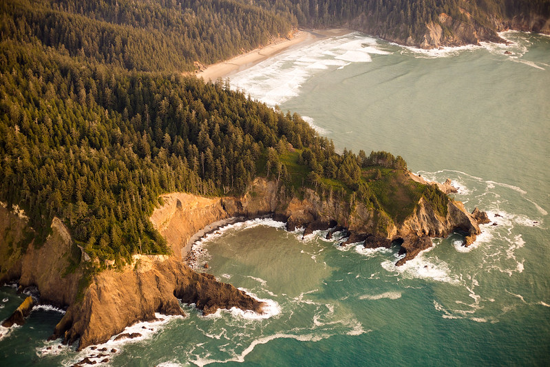 Aerial view of Cape Falcon and the forested Oregon Coast near Oswald West State Park