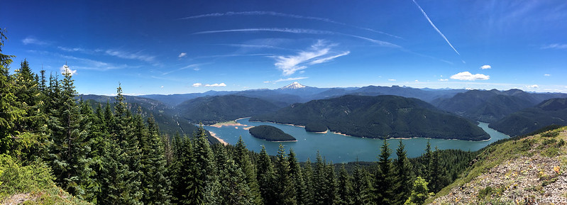 Detroit Lake from above. There is a snowcapped mountain in the distance.
