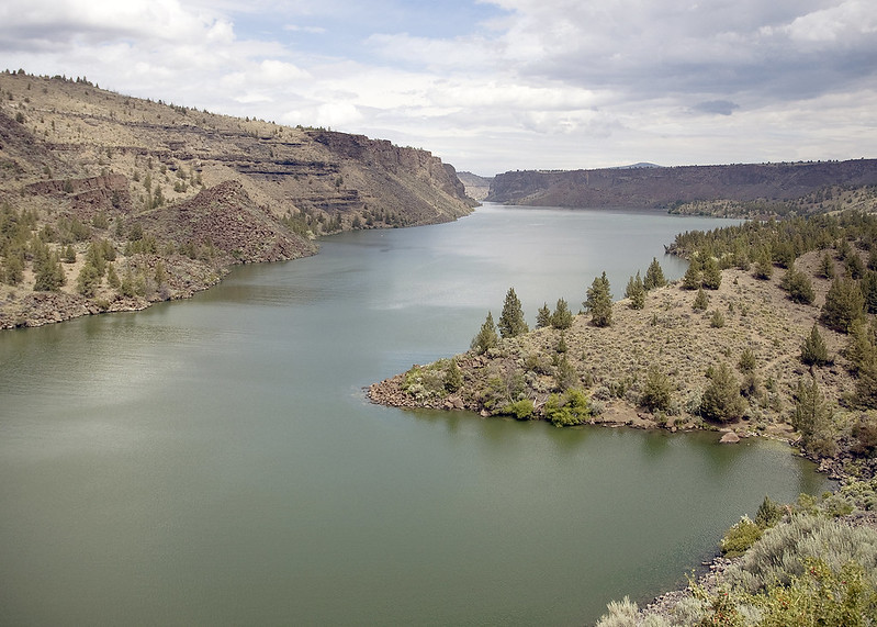Lake Billy Chinook from the air. A long lake surrounded by brown hills and cliffs.