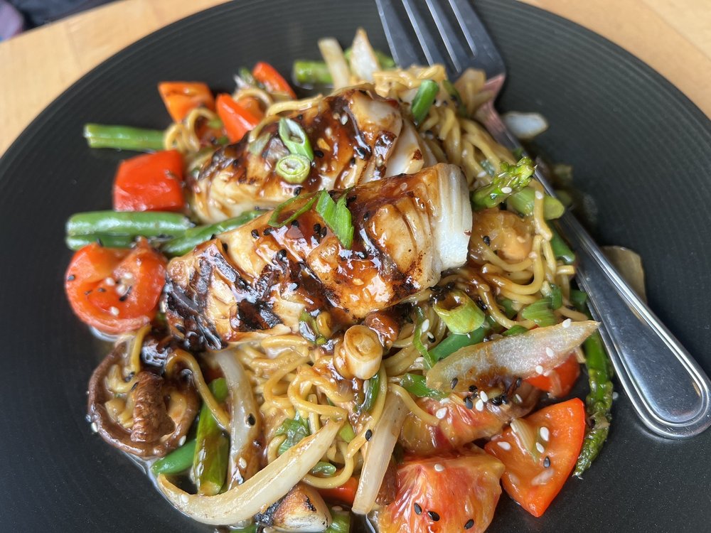 A delicious looking black cod over soba noodles with vegetables drizzled with hoisin sauce. This looks so good!