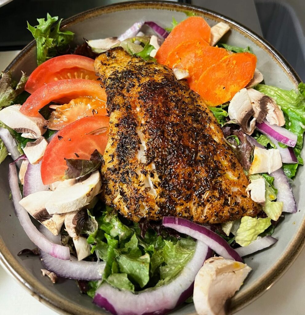 A delicious colorful looking plate of food.