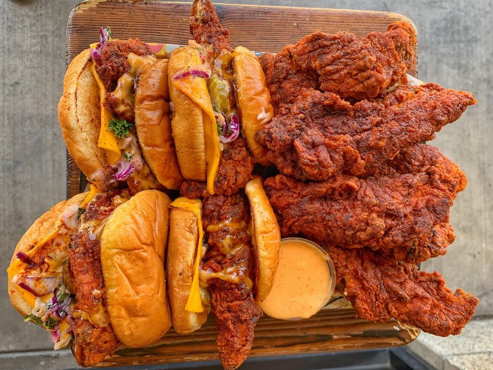 Four sliders and a bunch of chicken tenders at Dave's Hot Chicken. It looks pretty good!