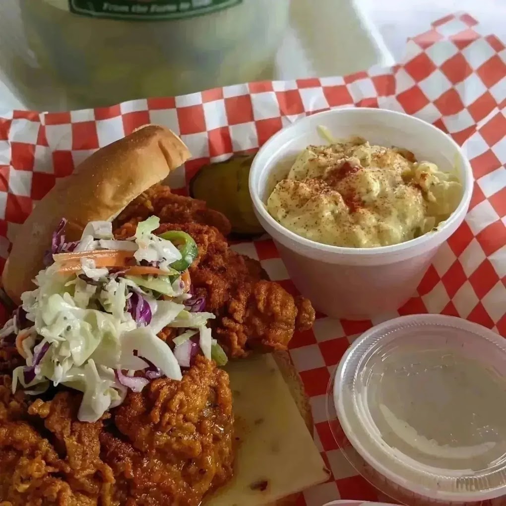chicken sandwich with potato salad