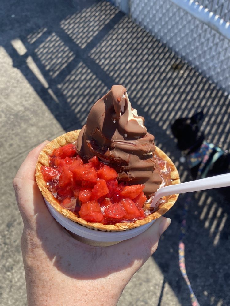 A delicious frozen custard with chocolate dip and red berries.