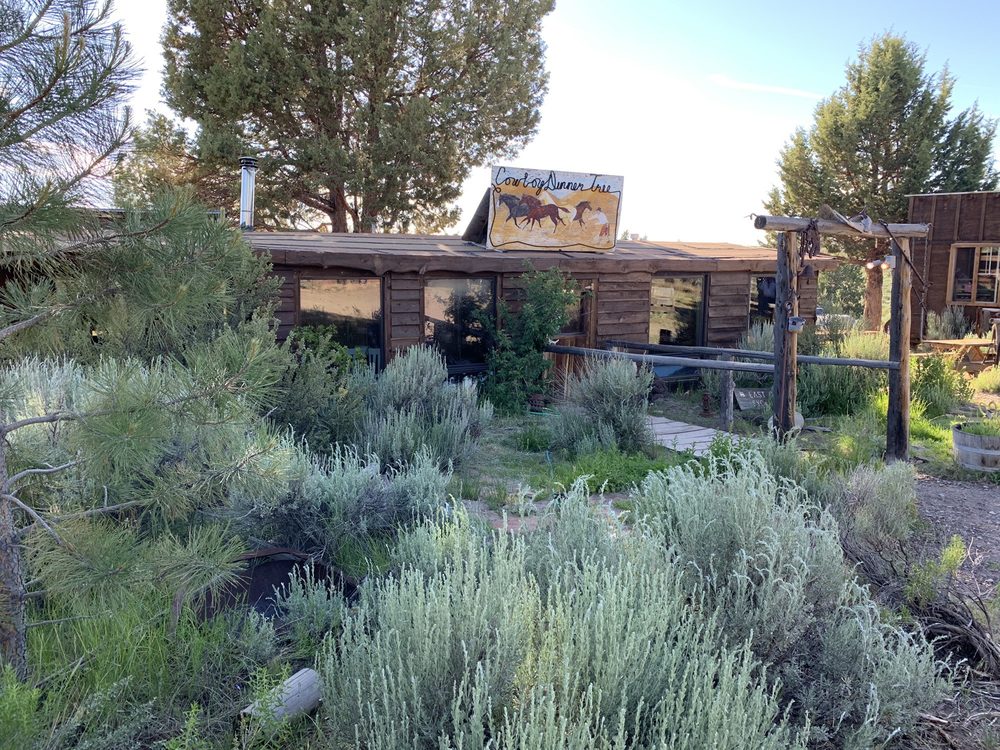Photo by Joe B. via Yelp. The outside of The Cowboy Dinner Tree. It's a rustic wood building with sage brush outside and saddles hanging over a wooden rail.