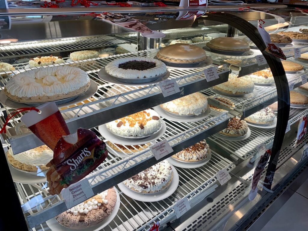 A display case full of pies.
