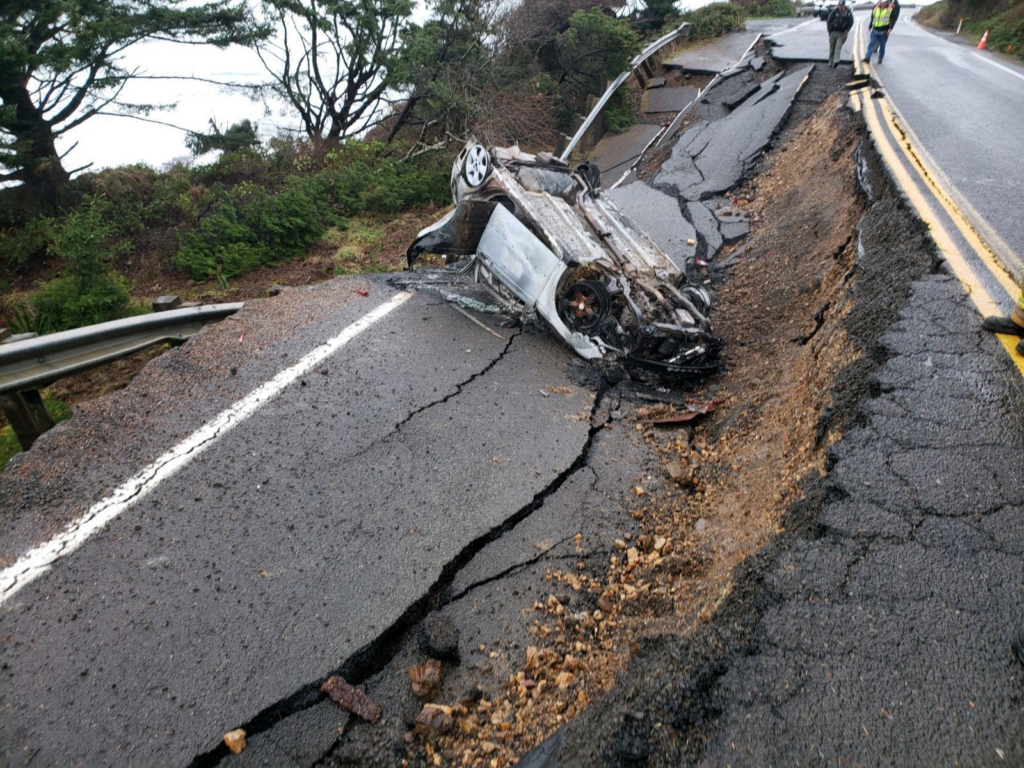 tillamook car crash, highway sinkhole, oregon, stupid driving, road closure, tillamook county sheriff's office, car fire