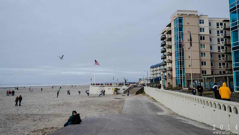 Seaside Roundabout And Promenade. People walk along the beach and sit on steps leading down to the beach. There's a hotel on the edge of the beach.
