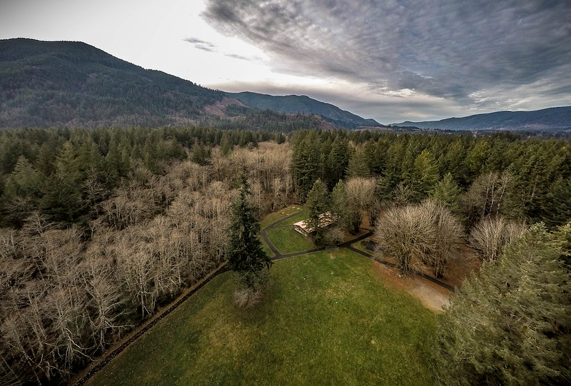 An aerial view over Wildwood Recreation site on a cloudy day.