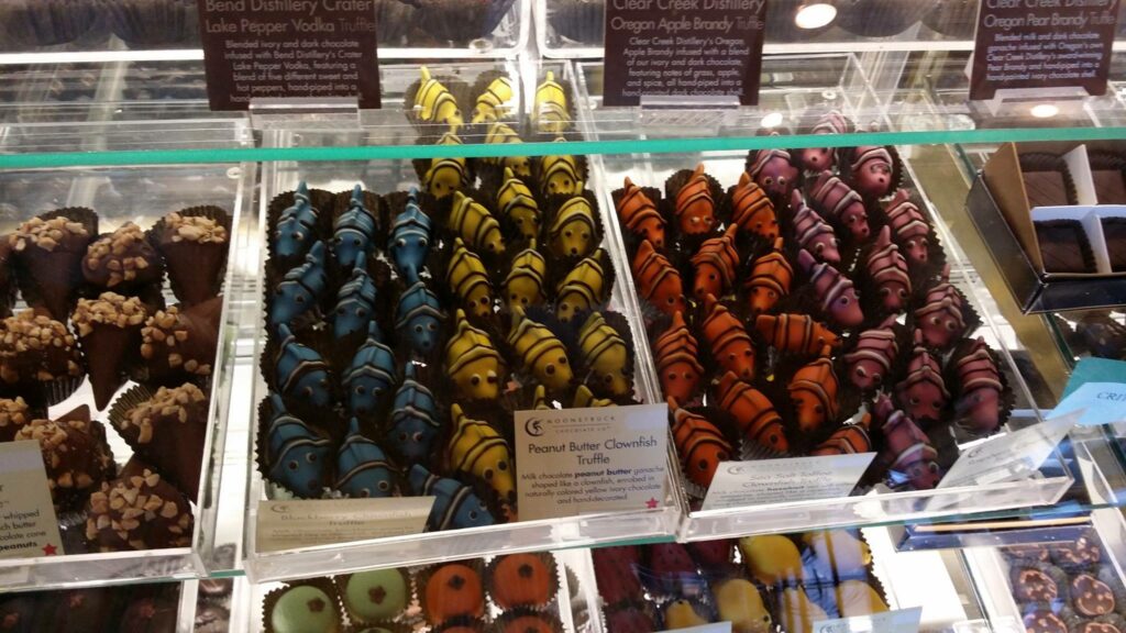 Chocolate fish that look like Nemo from Finding Nemo in a variety of colors.