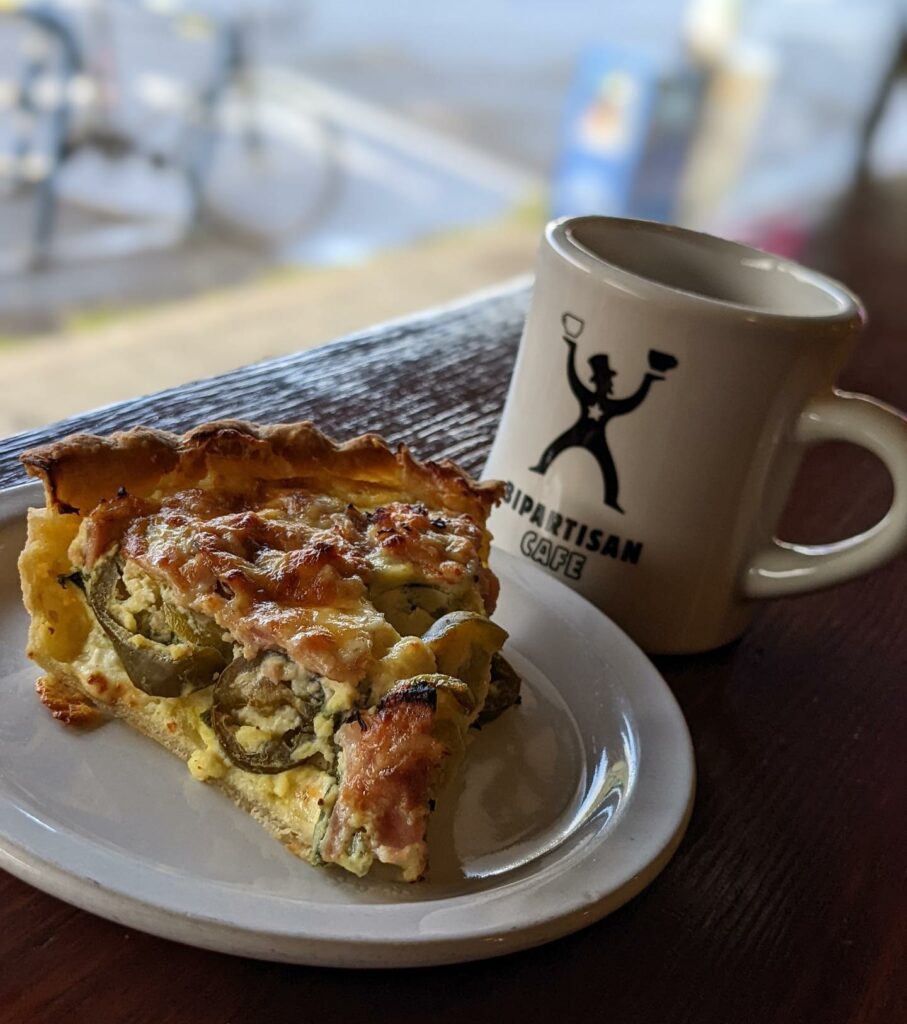 Quiche and coffee.