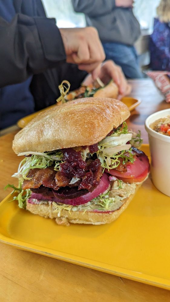 Roasted beet sandwich with bacon.
