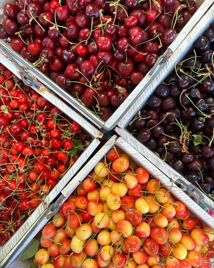Four wooden boxes full of four varieties of cherries. There's dark red cherries, red, cherries, bright red cherries, and cherries that are red and yellow. They look so good!