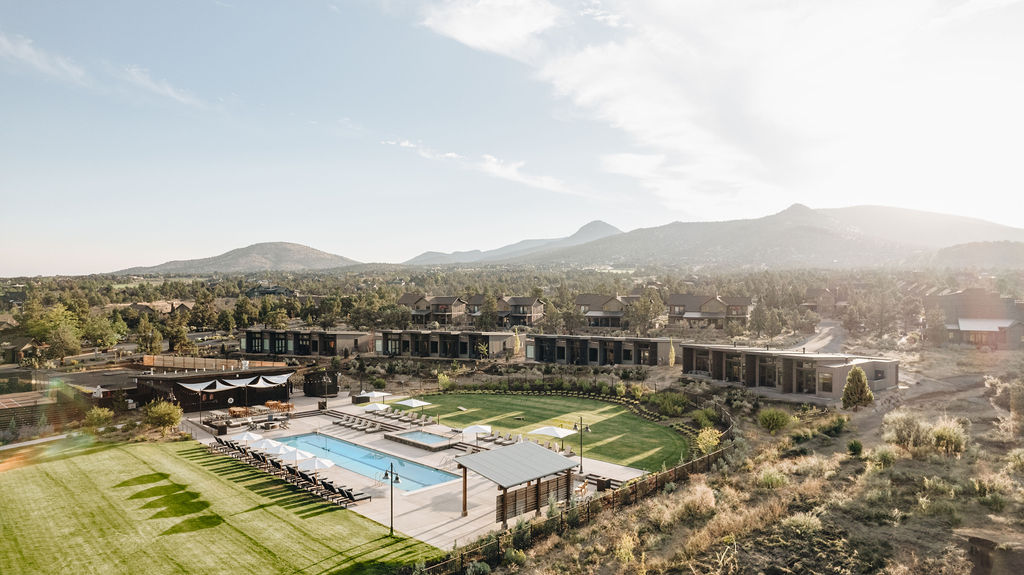 An aerial view of Brasada Ranch and the swimming pool.