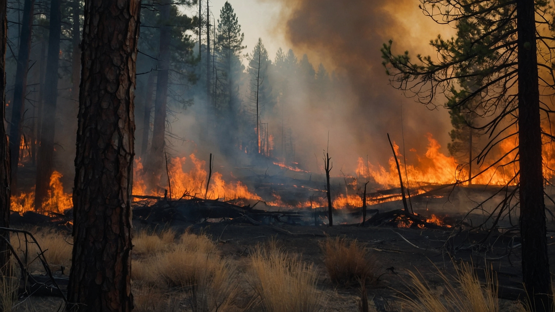 Fire Oregon 2024 A fire burns through a forest.