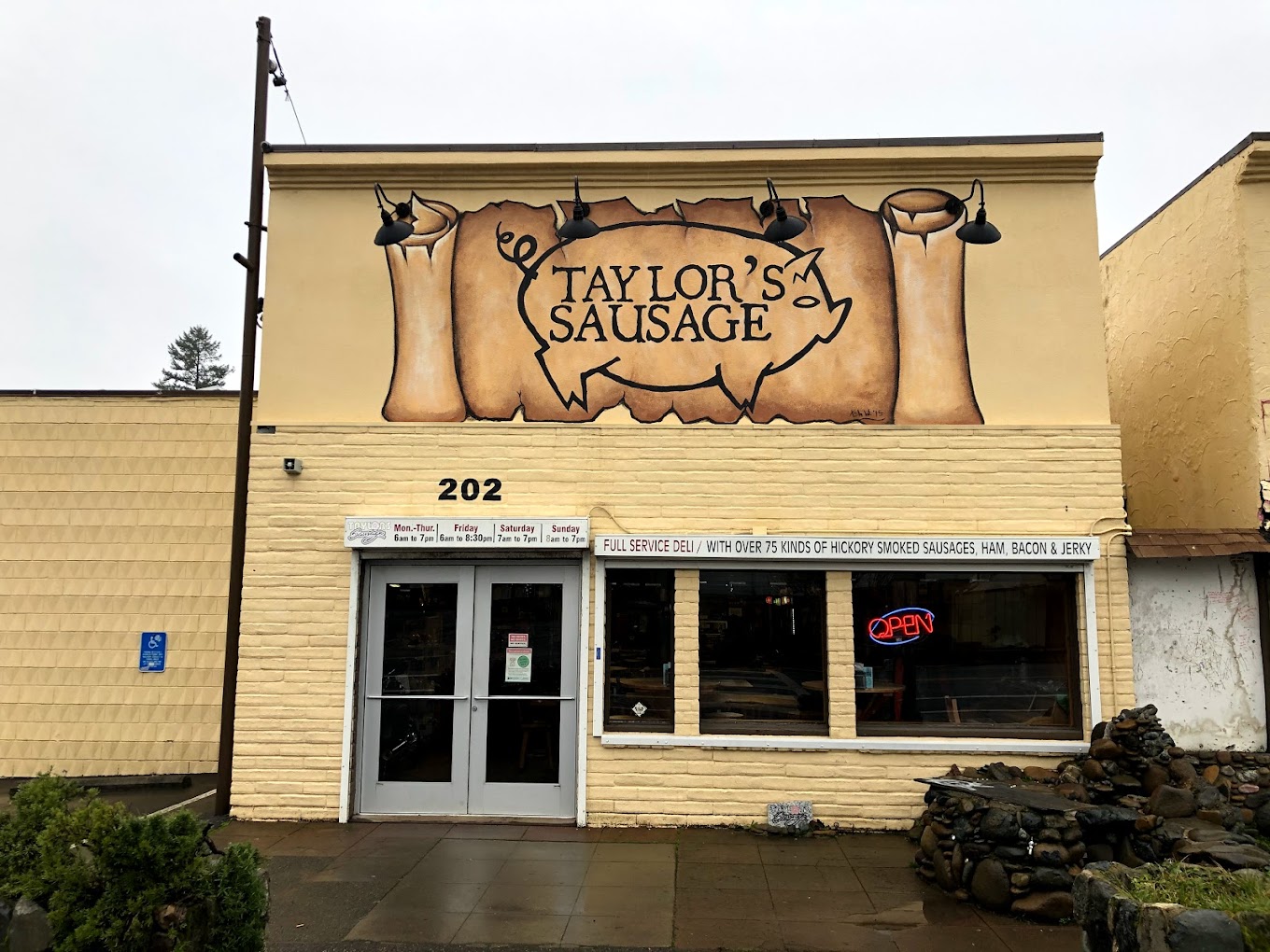 Photo by Zachary Collier via Google Local. The outside of Taylor's Sausage in Cave Junction, Oregon.