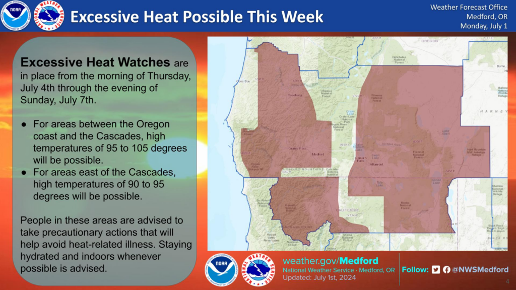A heat map from weather.gov of South central and south west Oregon.