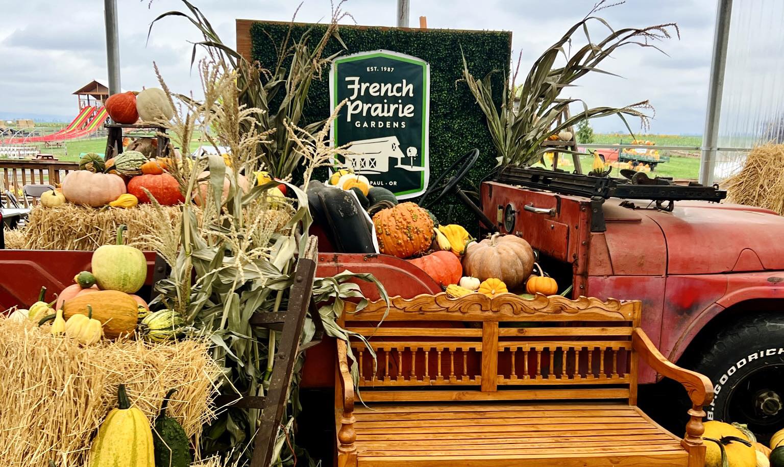 pumpkins and truck, Prairie Gardens facebook French Prairie Farms