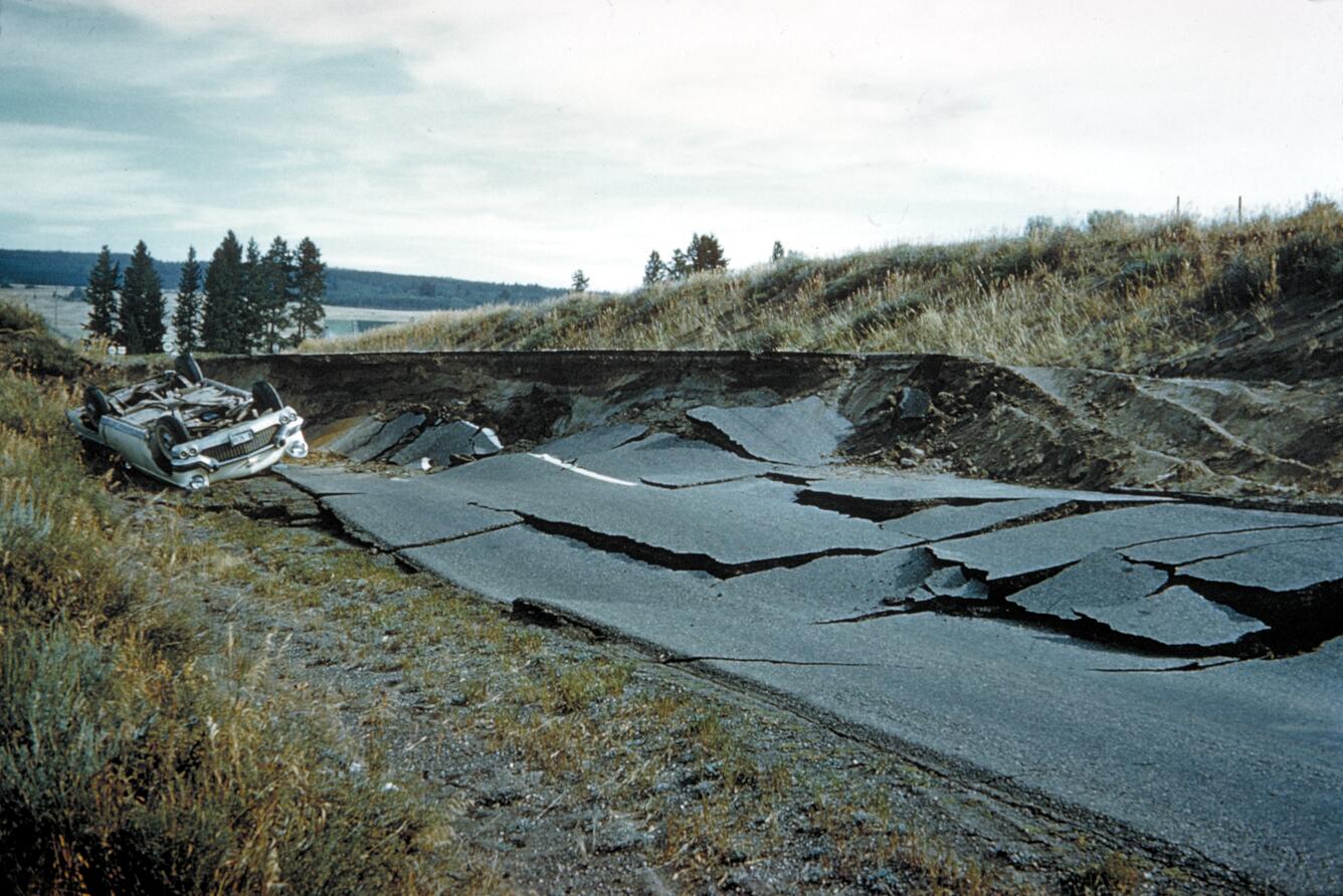 Photo via USGS.gov A road is completely destroyed and torn apart by an earthquake.