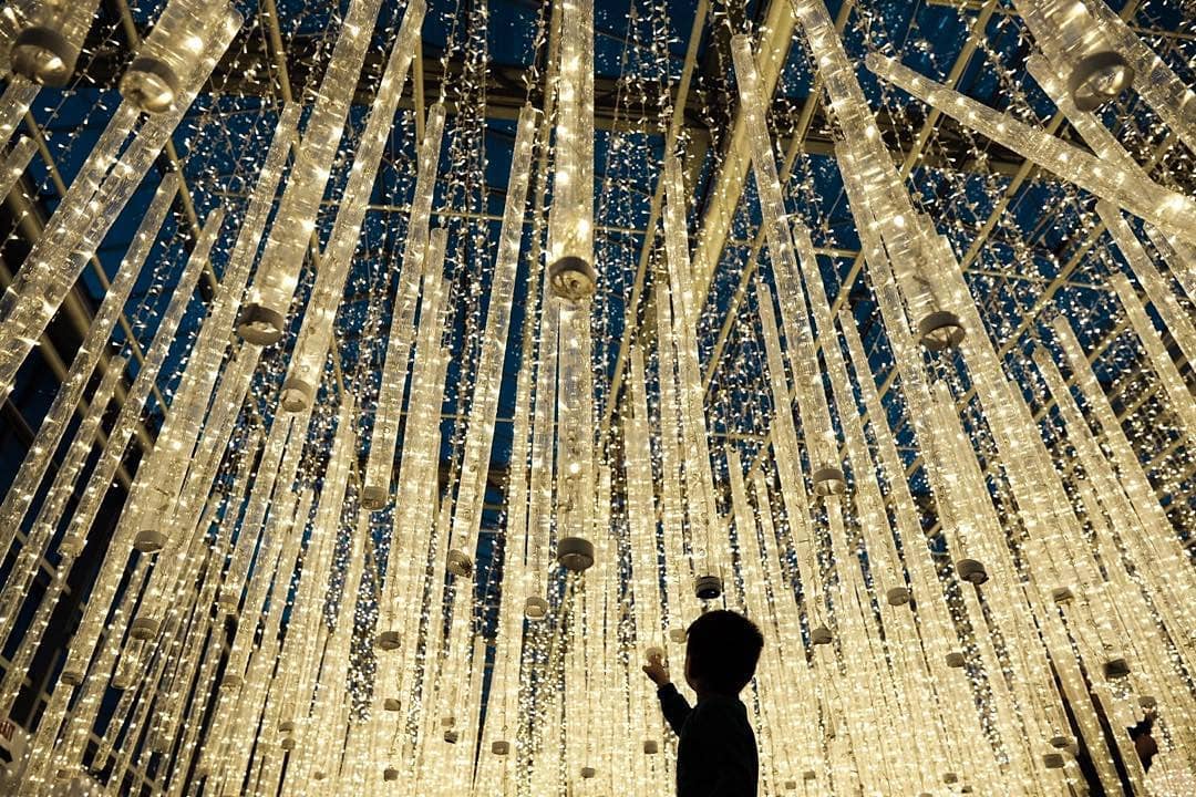 Photo via the Glow Eugene Facebook The silhouette of a small child stares up at dazzling white lights that hang down from the ceiling.
