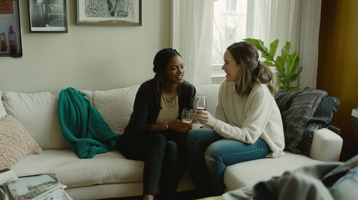 girls_on_couch_talking Two girls talking and drinking wine on couch