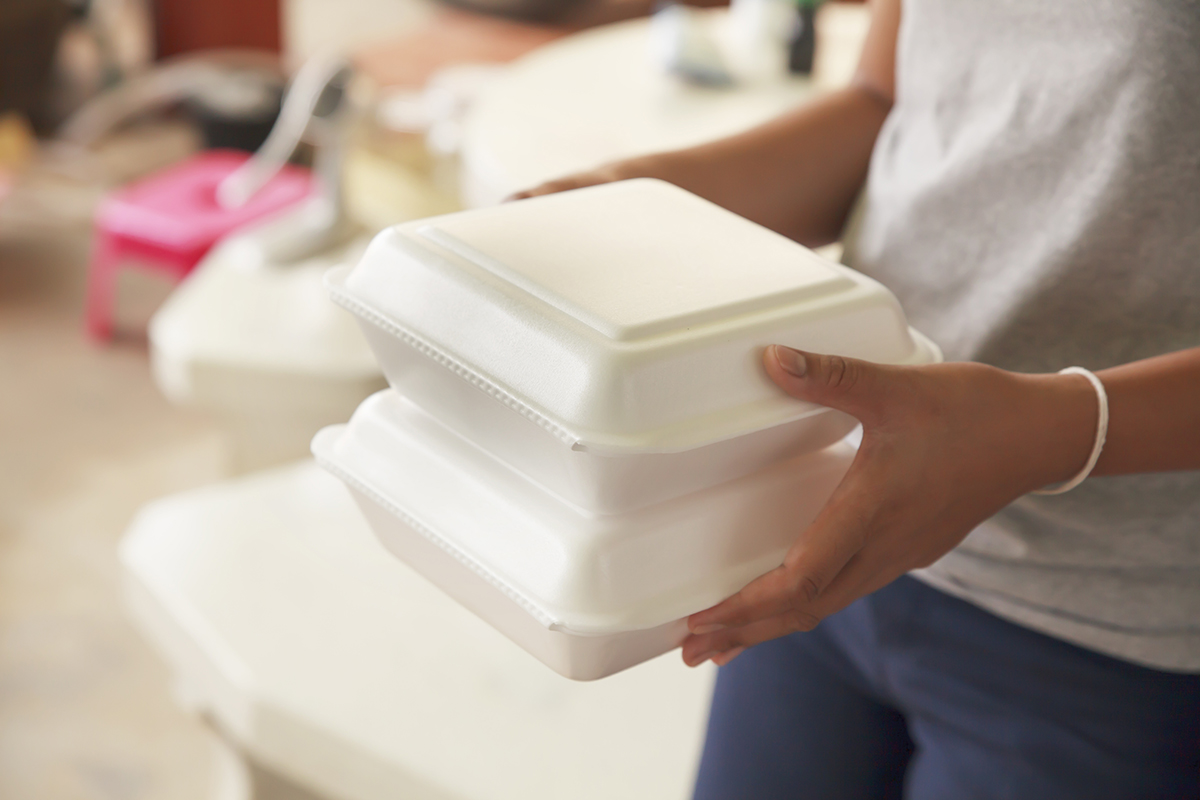 Hand,Holding,Foam,Boxes,Rice. Styrofoam boxes