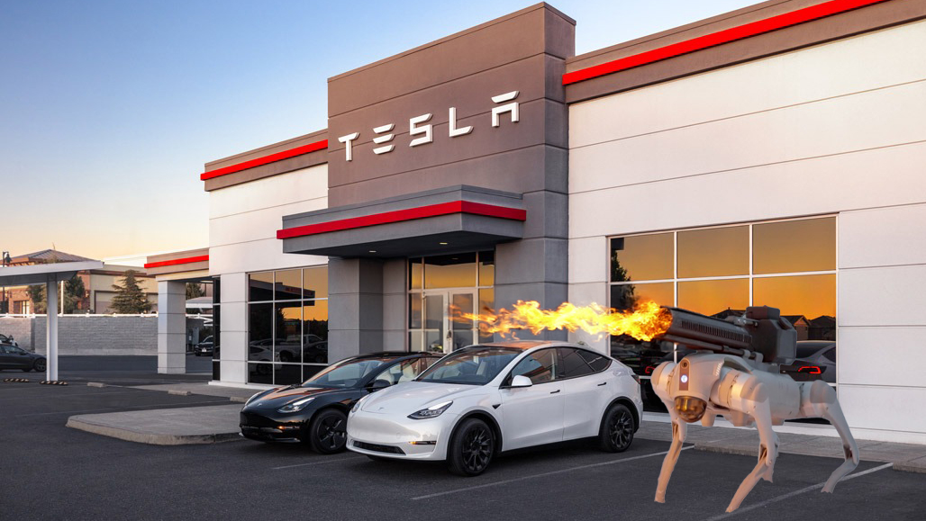 tesla_robots_dealership flamethrower dog tesla dealership