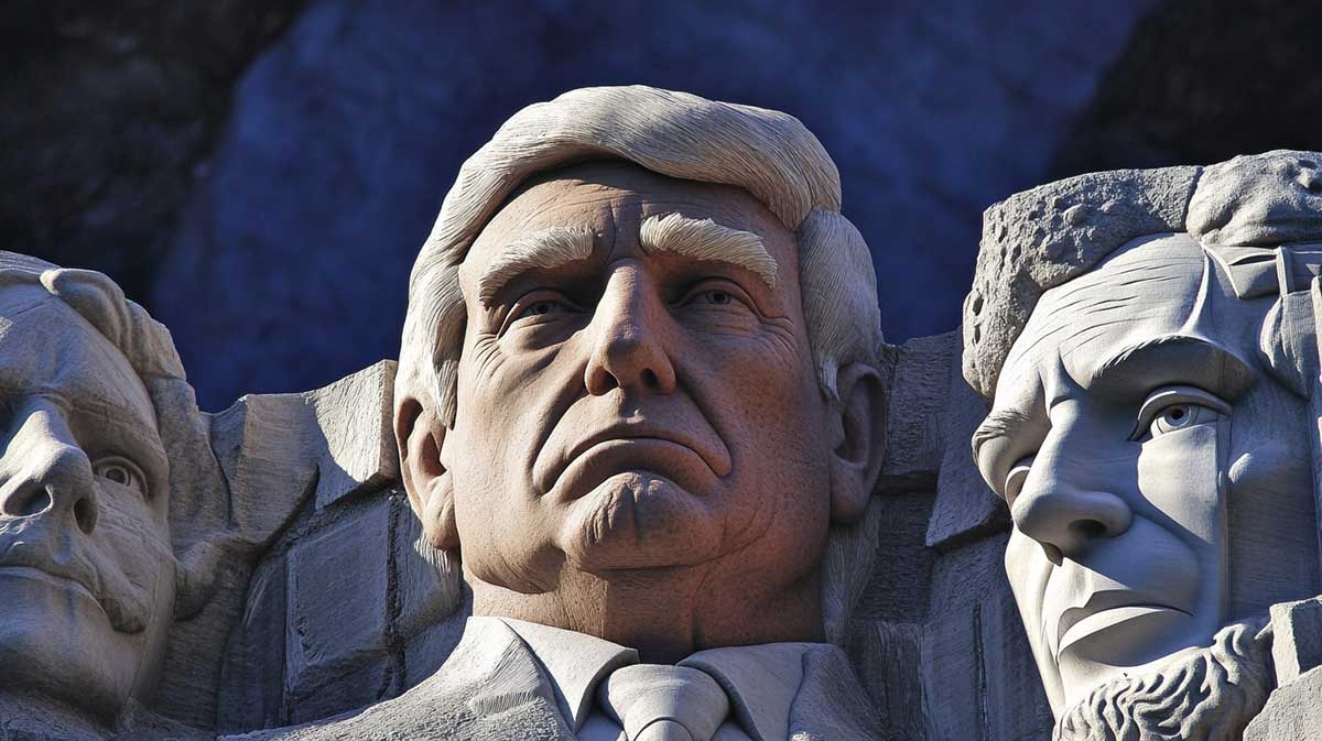 trump-rushmore Donald Trump's face carved into Mount Rushmore, seamlessly integrated among the existing presidential sculptures of George Washington, Thomas Jefferson, Theodore Roosevelt, and Abraham Lincoln, with intricate details capturing his signature hairstyle, strong expression, and formal attire.