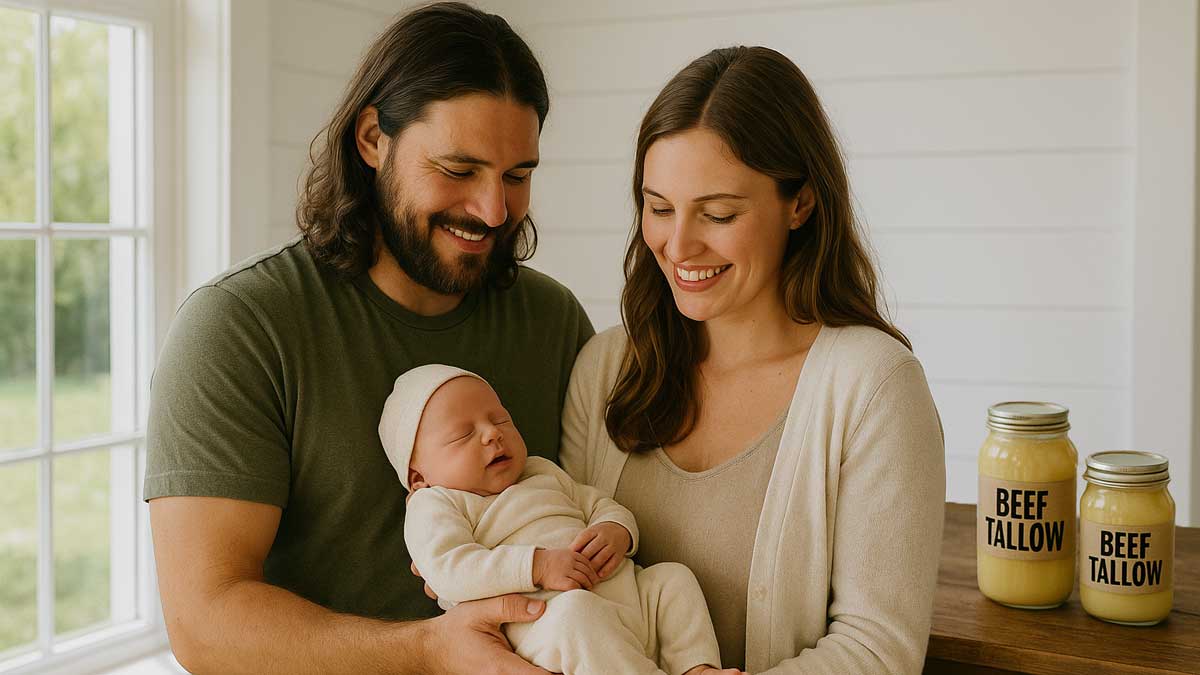 beef_tallow_couple parents with seed-oil free newborn baby