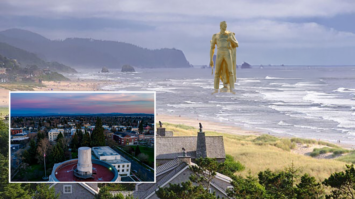 news_gold_man_cannon_beach The Oregon Capitol’s Gold Man statue awkwardly standing in the ocean at Cannon Beach, replacing Haystack Rock as confused puffins look on