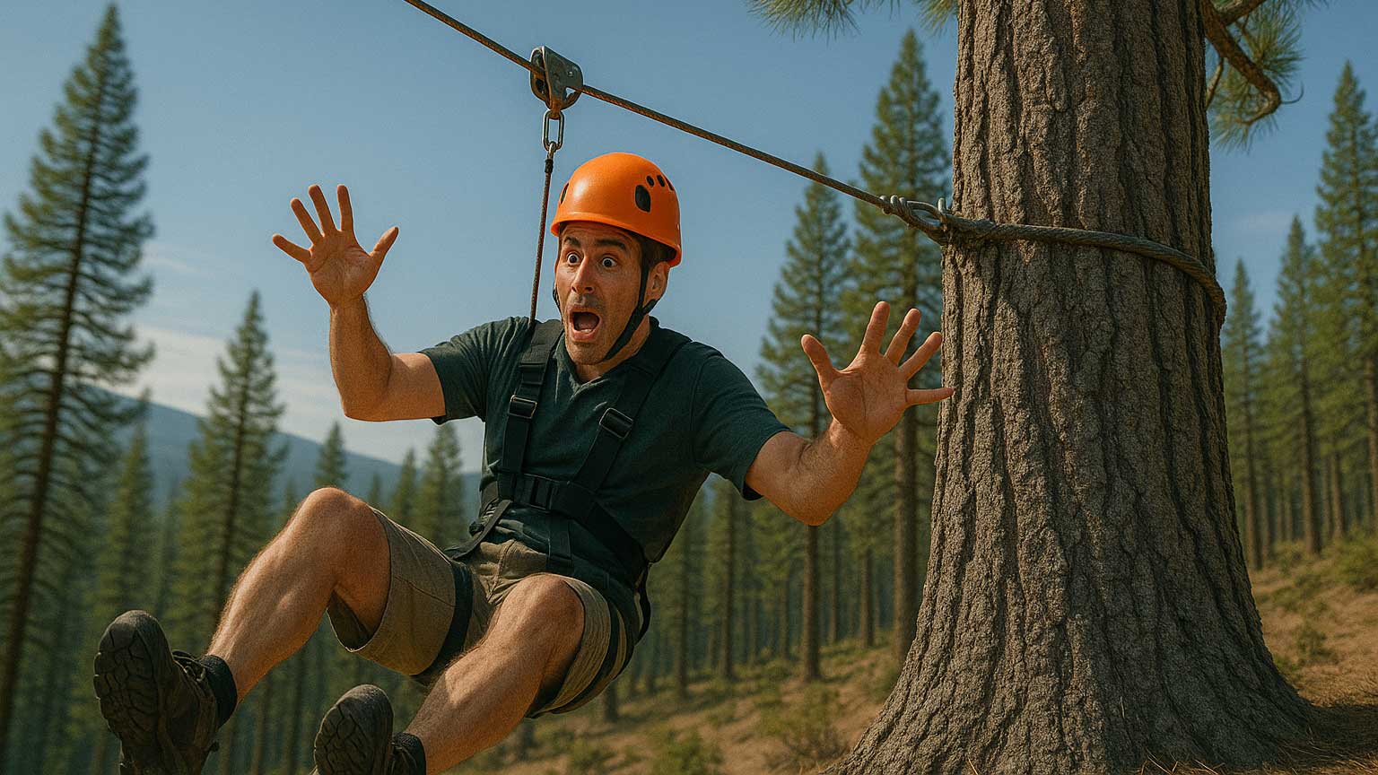 man_about_to_hit_Tree A man on a zipline in Oregon about to run into a tree