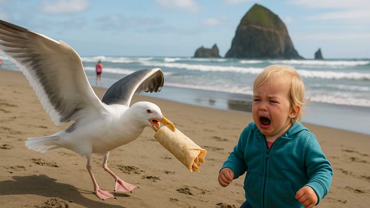 toddler_burrito_beach_oregon A seagull steals a burrito from a toddler on a beach in Oregon