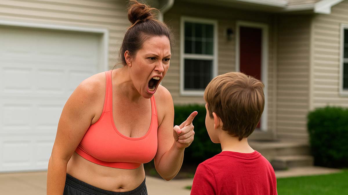 Woman Scolding Boy in Suburbia woman scolding boy