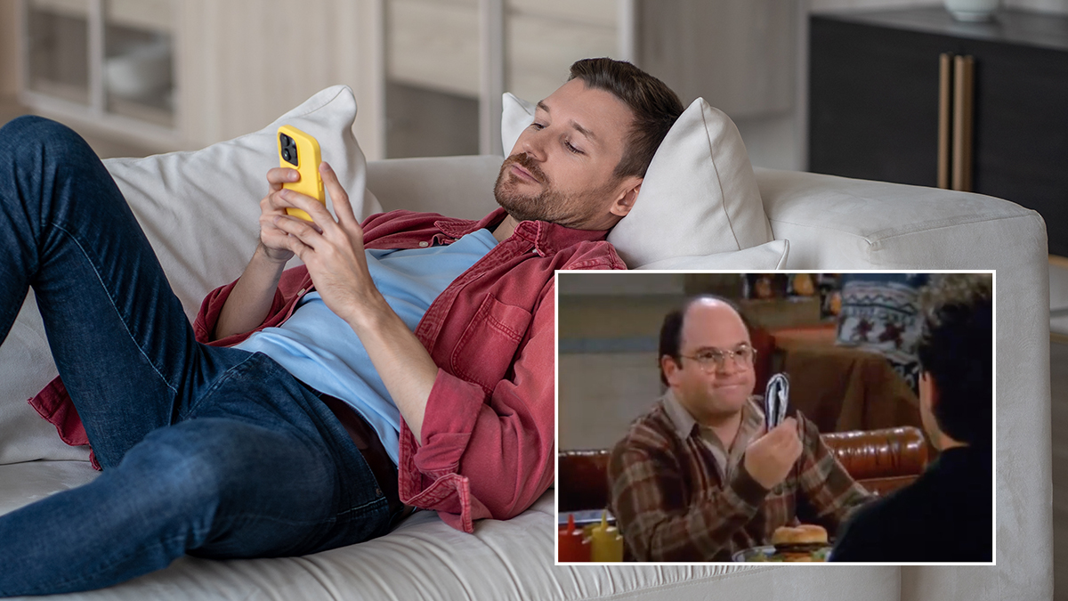 Disinterested,Man,With,Phone,Lying,On,Couch,Surfing,Online,Web, Man on his smartphone ignoring wife