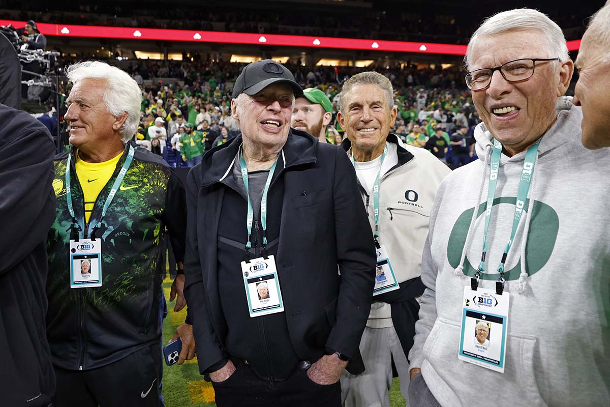 COLLEGE FOOTBALL: DEC 07 Big Ten Championship Game – Penn State Phil Knight standing on the sidelines during the Oregon vs Penn State Big Ten Championship Game December 2024 AP Photo