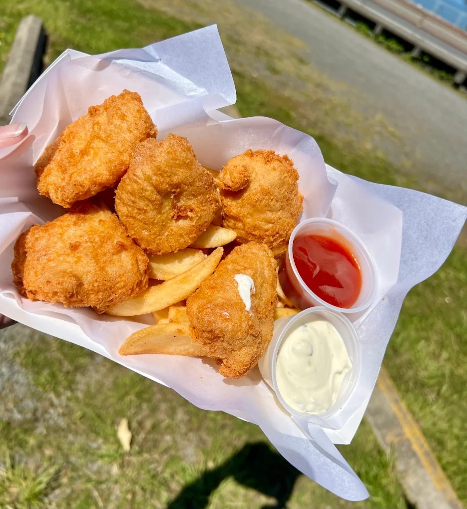 Beer battered albacore tuna fish and chips with steak fries and dipping sauce from Bowpicker in Astoria Oregon