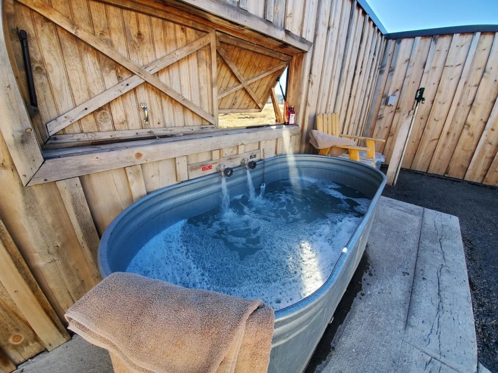 Private outdoor hot spring tub at Crystal Crane Hot Springs near Burns Oregon