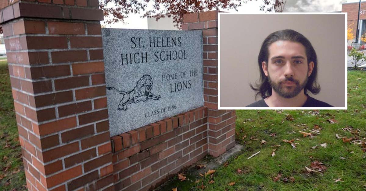 main_st_helens Exterior of St. Helens High School with brick pillars and engraved stone sign reading “St. Helens High School – Home of the Lions,” photographed in November 2024, with an inset booking photo of former cheer coach Anthony Trenkler.