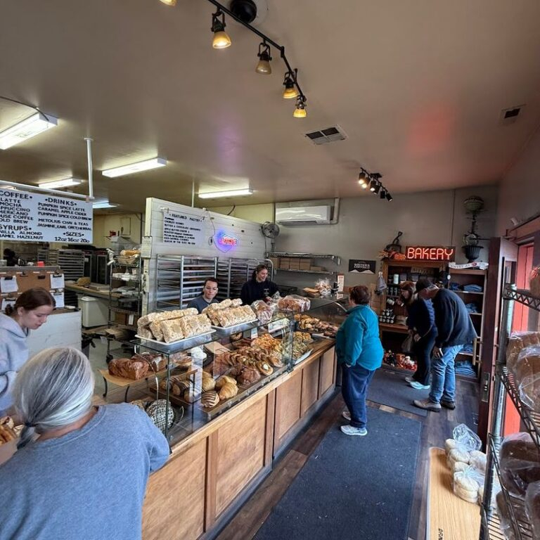 Freshly baked artisan bread and pastries on display in a charming Central Oregon bakery