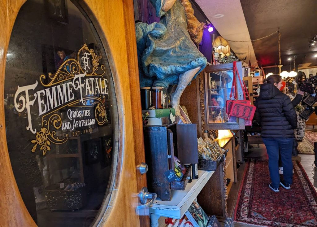 Femme Fatale Curiosities & Apothecary, Newport Oregon, Oregon Coast, Historic Bayfront, Weird and Wonderful, Curiosity Shop, Witch Shop, Wiccan Goods, Victorian Objects, Taxidermy, Macabre, Woman Owned, Crystals, Tarot Decks, Local Artisans, Herbs, Candles, Antiques, Book Store, Places To Go, Things to Do, Gothic Art, Mystic Supplies