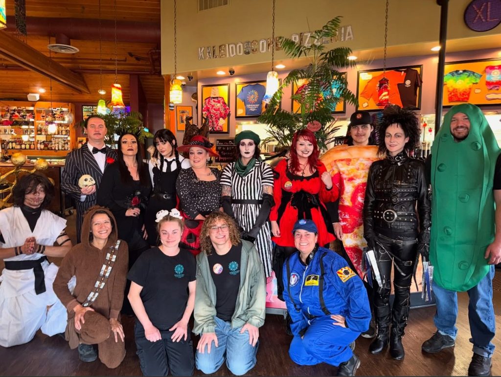 Kaleidoscope Pizzaria and Pub, Medford, Southern Oregon, Best Restaurants, Where to Eat, Unique Pies, Interesting Flavors, Grateful Dead Theme, Local Favorites, Full Bar, Family Friendly, Halloween Staff Photo