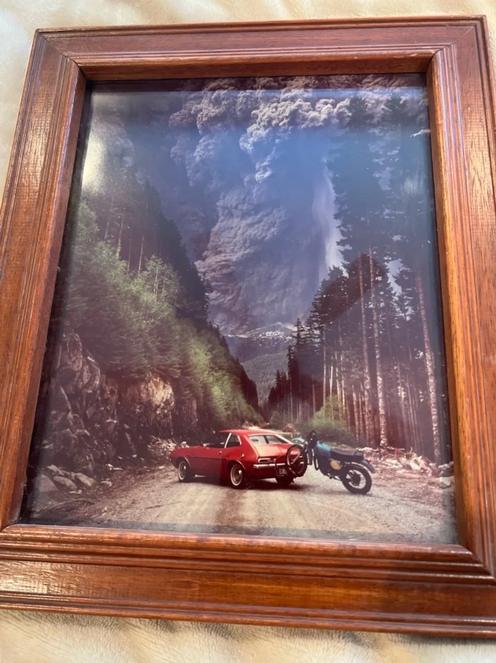 Mt. St. Helens Eruption, Viral Photo, Famous Images, True Stories, May 18 1980, Original Photograph, Not AI, Survivor Stories, Pacific Northwest Legends, PNW, Washington State, Red Ford Pinto, Dirt Bike, Ash Cloud, Volcano Car, Richard Dick Lasher