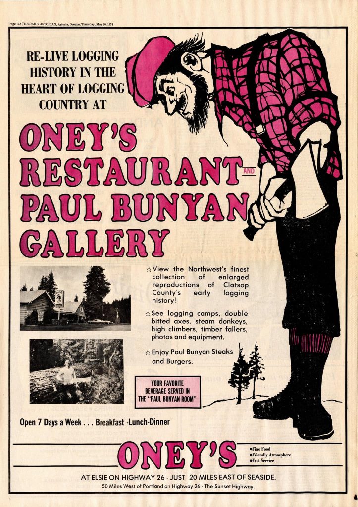 oney's pizza parlor, elsie oregon, coast range, paul bunyan, restaurants, landmarks, where to eat, road trips, seaside, astoria, cannon beach, nostalgia, history, vintage photos, family dining, giant lumberjack, sunset highway, 1974