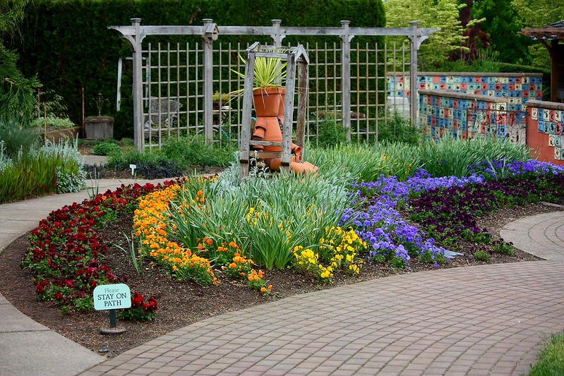 Flowers and sculptures at the Oregon Garden.