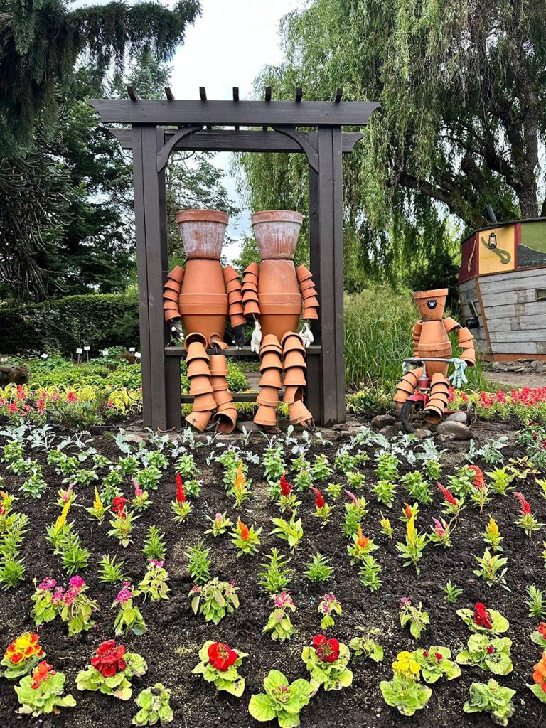 Sculptures and flowers at the Oregon Garden.