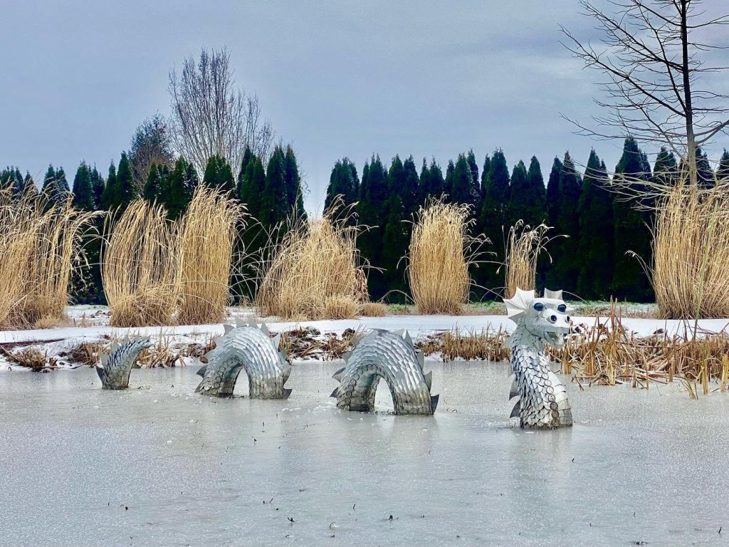 The Loch Ness Monster in winter at the Oregon Garden.